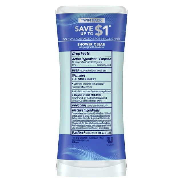 Degree Advanced Women's Antiperspirant Deodorant Stick Twin Pack Shower Clean, 2.6 oz