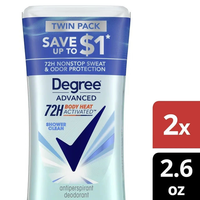 Degree Advanced Women's Antiperspirant Deodorant Stick Twin Pack Shower Clean, 2.6 oz