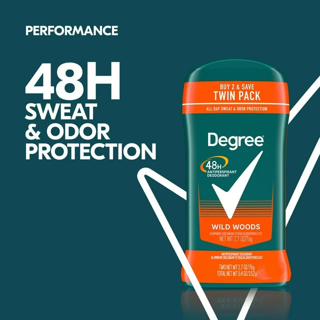 Degree Long Lasting Men's Antiperspirant Deodorant Stick Twin Pack, Wildwoods, 2.7 oz