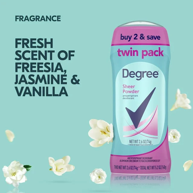 Degree Long Lasting Women's Antiperspirant Deodorant Stick Twin Pack, Sheer Powder, 2.6 oz