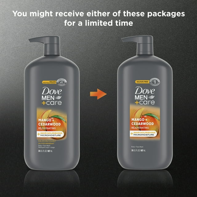 Dove Men+Care Nourishing Face & Body Wash for Men, Rejuvenating Mango + Cedarwood, 30 oz