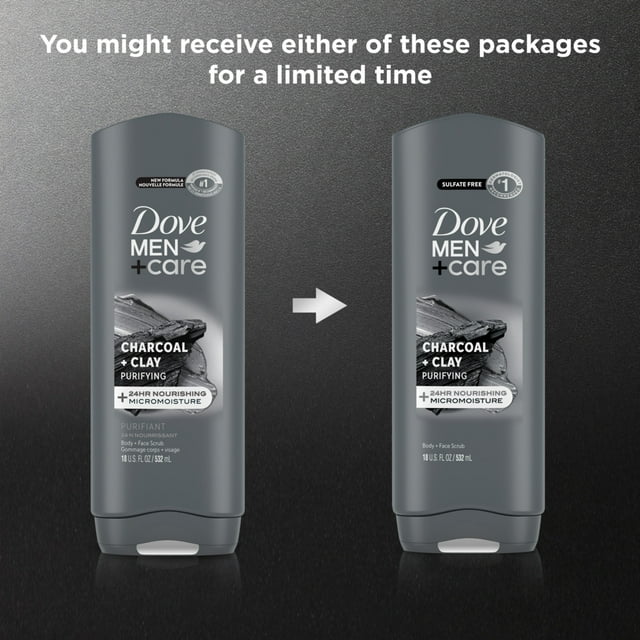 Dove Men+Care Purifying Hydrating Face & Body Wash for Men Charcoal & Clay, 18 oz