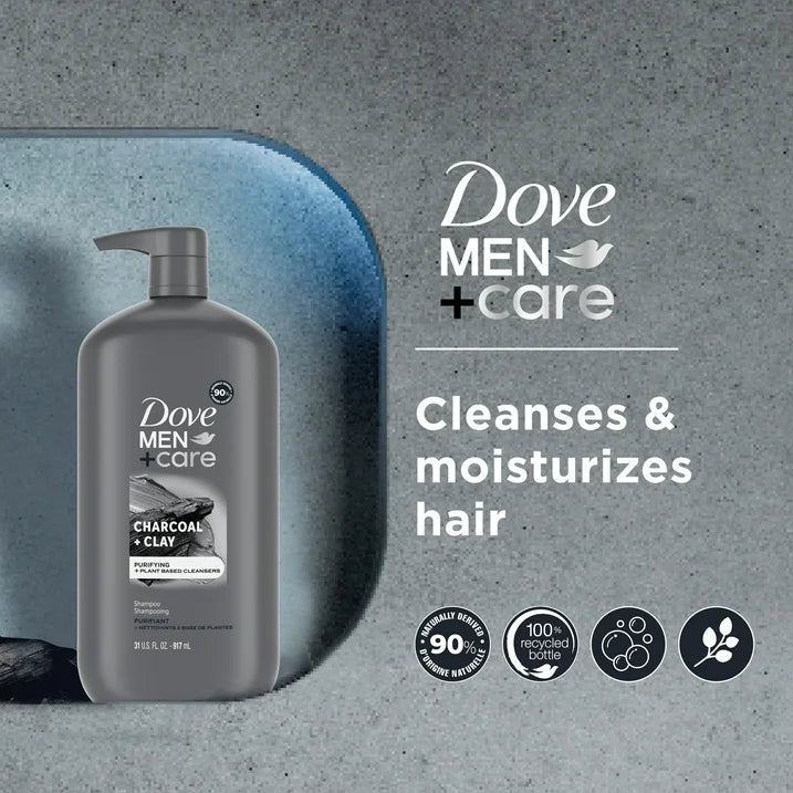 Dove Men+Care Purifying Shampoo with Pump Charcoal + Clay, 31 oz