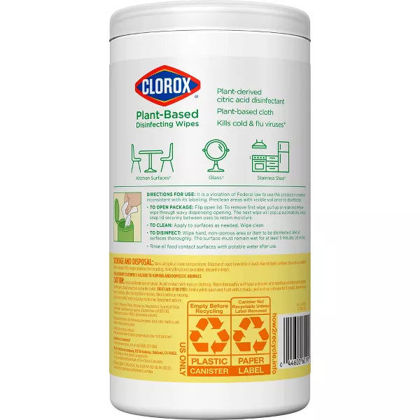 Clorox Lemon Zest Plant-Based Disinfecting Wipes - 75ct