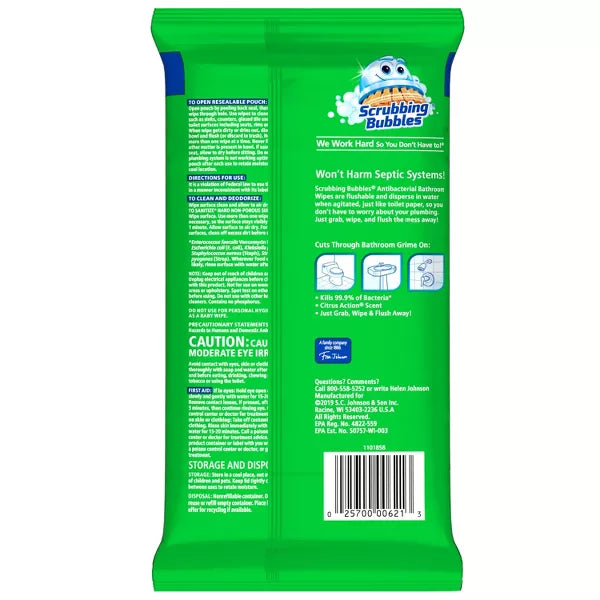 Scrubbing Bubbles Citrus Action Antibacterial Bathroom Flushable Wipes - 36ct