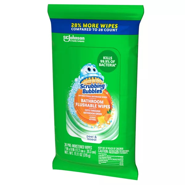 Scrubbing Bubbles Citrus Action Antibacterial Bathroom Flushable Wipes - 36ct