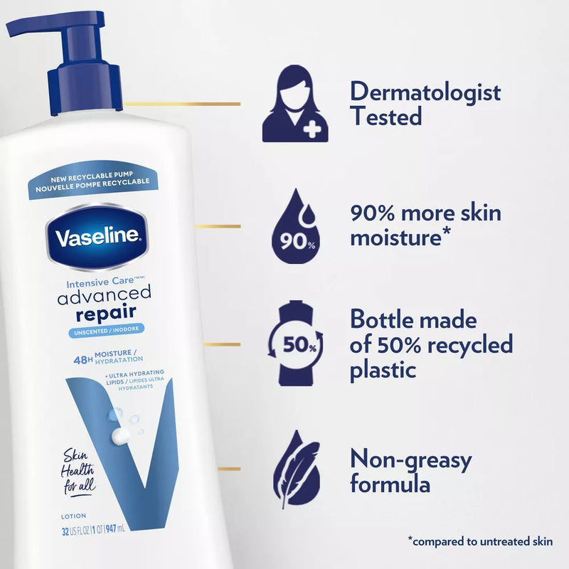 Vaseline Intensive Care Body Lotion Advanced Repair Unscented for Women Dry Skin, 32 oz